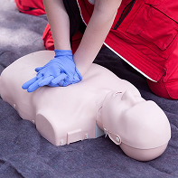 Personne réalisant un massage cardiaque sur un mannequin de formation